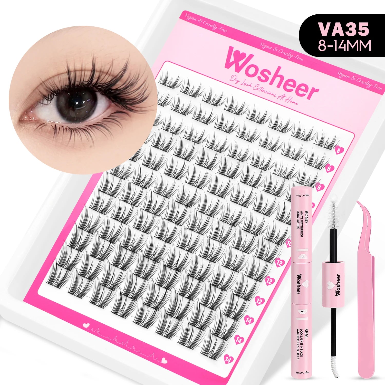 WOSHEER Manga Lash Clusters Kit Cat Lashes with Lash Bond & Seal Cluster Eyelash Extensions Mixed Tray Eyelash Clusters Kit