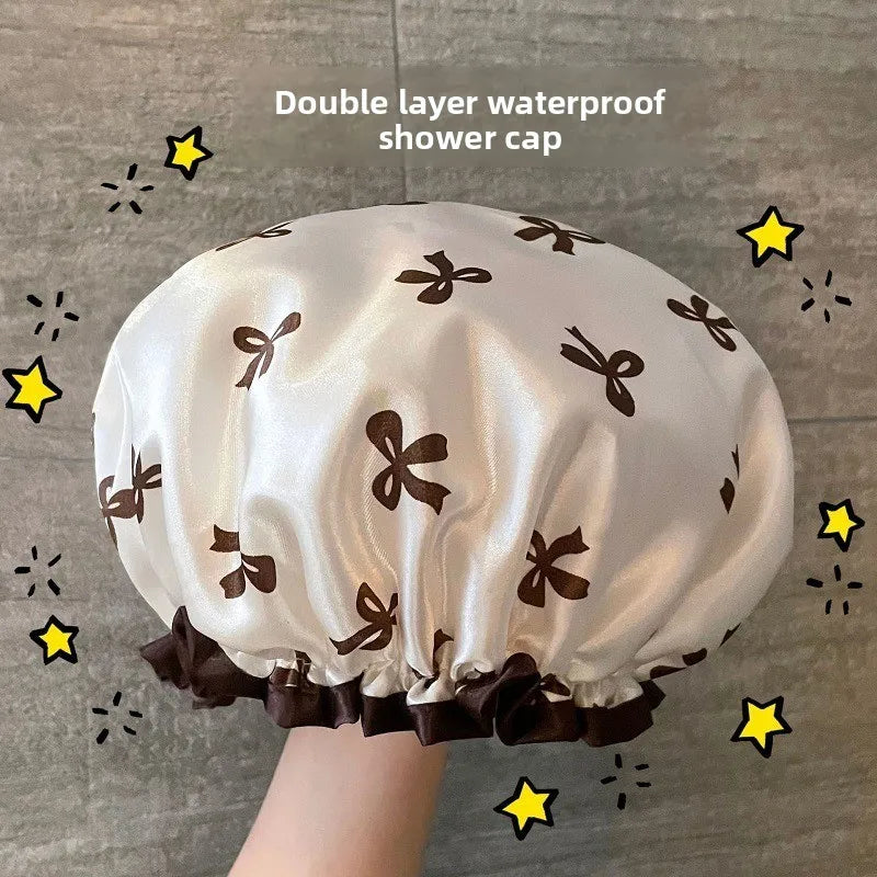 1 Bow Double Layered Waterproof Shower Cap with Ear Protection Design for Bathroom Skincare, Sweet and Practical