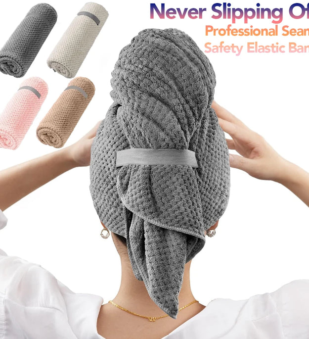 Microfiber Hair Towel Extra Large Wrap Quick Dry Hair Towel Wrap With Elastic Band , Ultra Absorbent Soft Hair Towel Wrap Turban