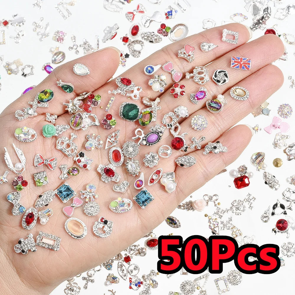 50Pcs 3D Silver Bowknot/Crown Metal Nail Charms With Tassel Pendant Butterfly Nail Art Decoration Mixed Shiny Manicure Supplies