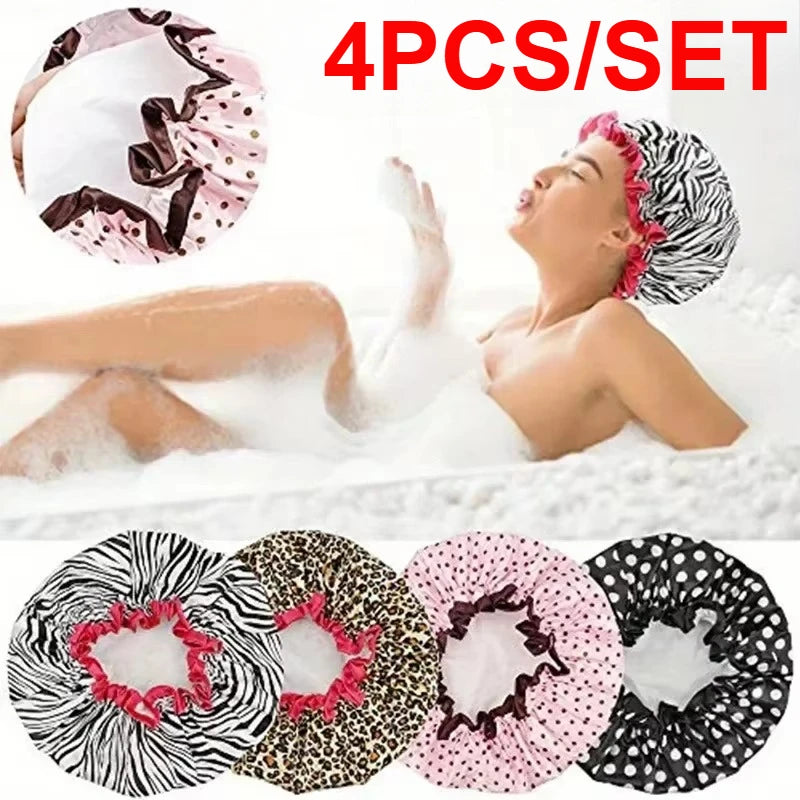 4pcs/set Bathroom Waterproof Shower Caps Fashion Double Layer Women Sleeping Cap Elastic Reusable Bathing Hat Bashroom Supplies