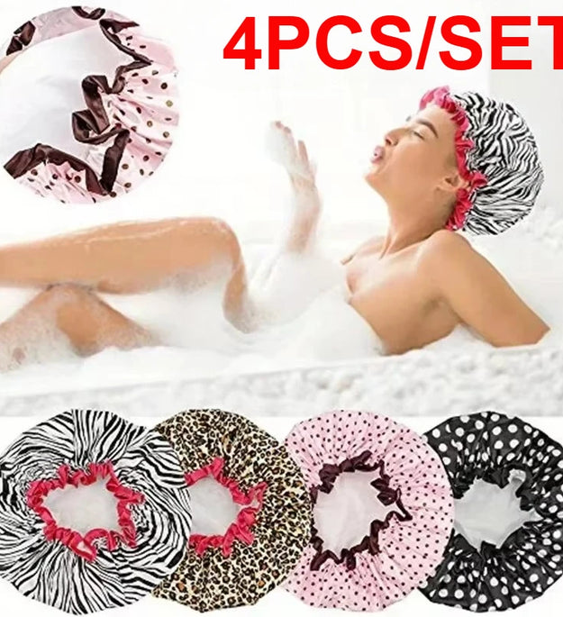 4pcs/set Bathroom Waterproof Shower Caps Fashion Double Layer Women Sleeping Cap Elastic Reusable Bathing Hat Bashroom Supplies