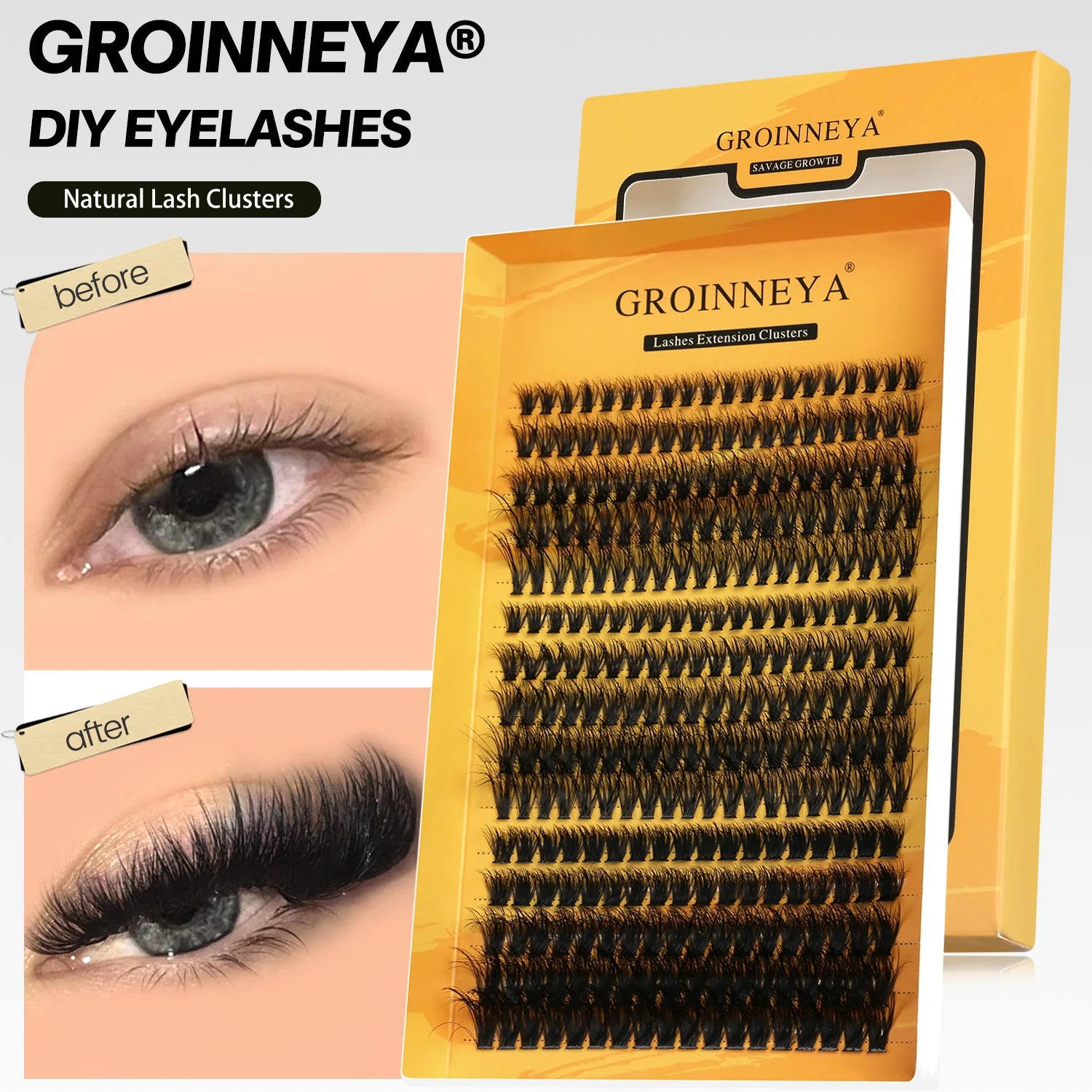 GROINNEYA Cluster Lashes DIY Eyelash Extension C Curl Long Individual Lashes Mixed Tray Faux Mink Lash Clusters Extensions