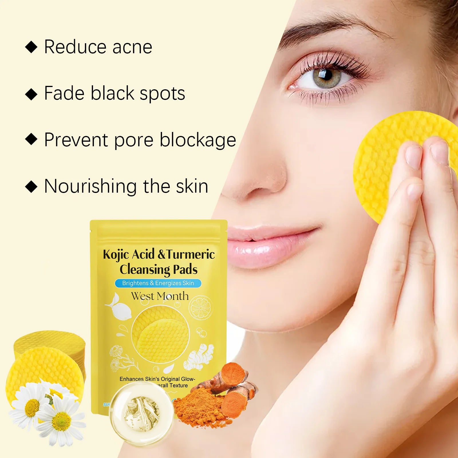 Turmeric Kojic Acid Cleansing Pads Exfoliating Remove Dead Skin Acne Fade Melanin Oil Control Nourish Glow Facial Wash Sponges