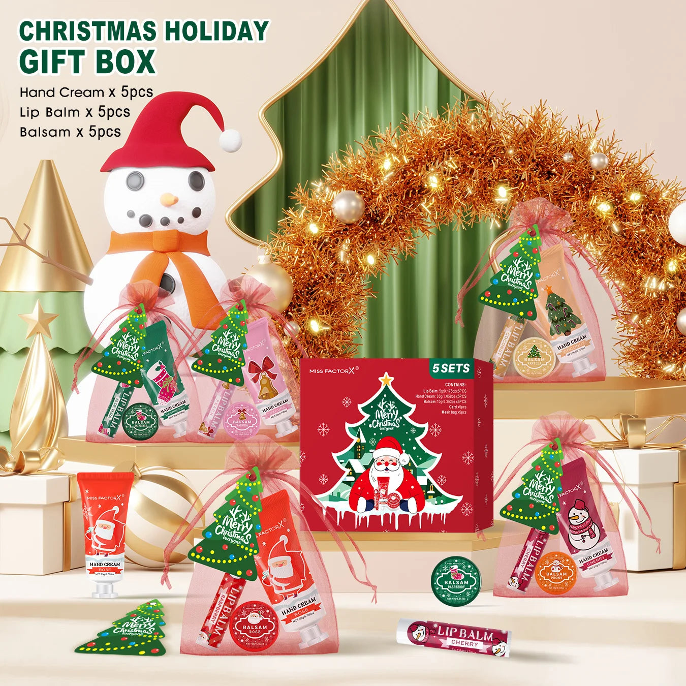 Christmas assembly gift set -5 sets, including balm, hand cream, lipstick, red gauze bag, Christmas tree thank you card