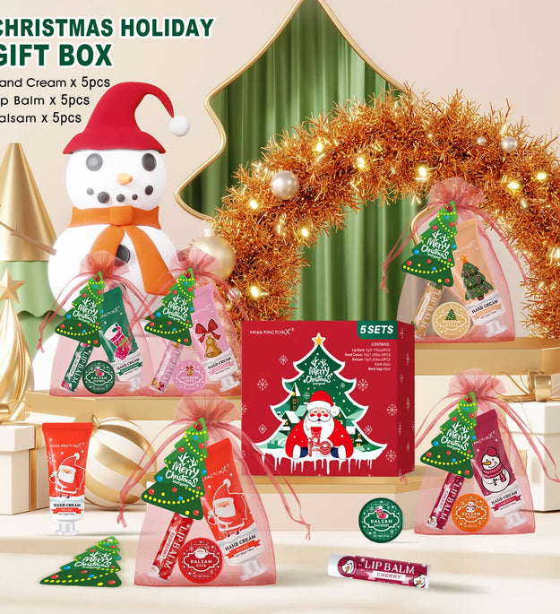 Christmas assembly gift set -5 sets, including balm, hand cream, lipstick, red gauze bag, Christmas tree thank you card