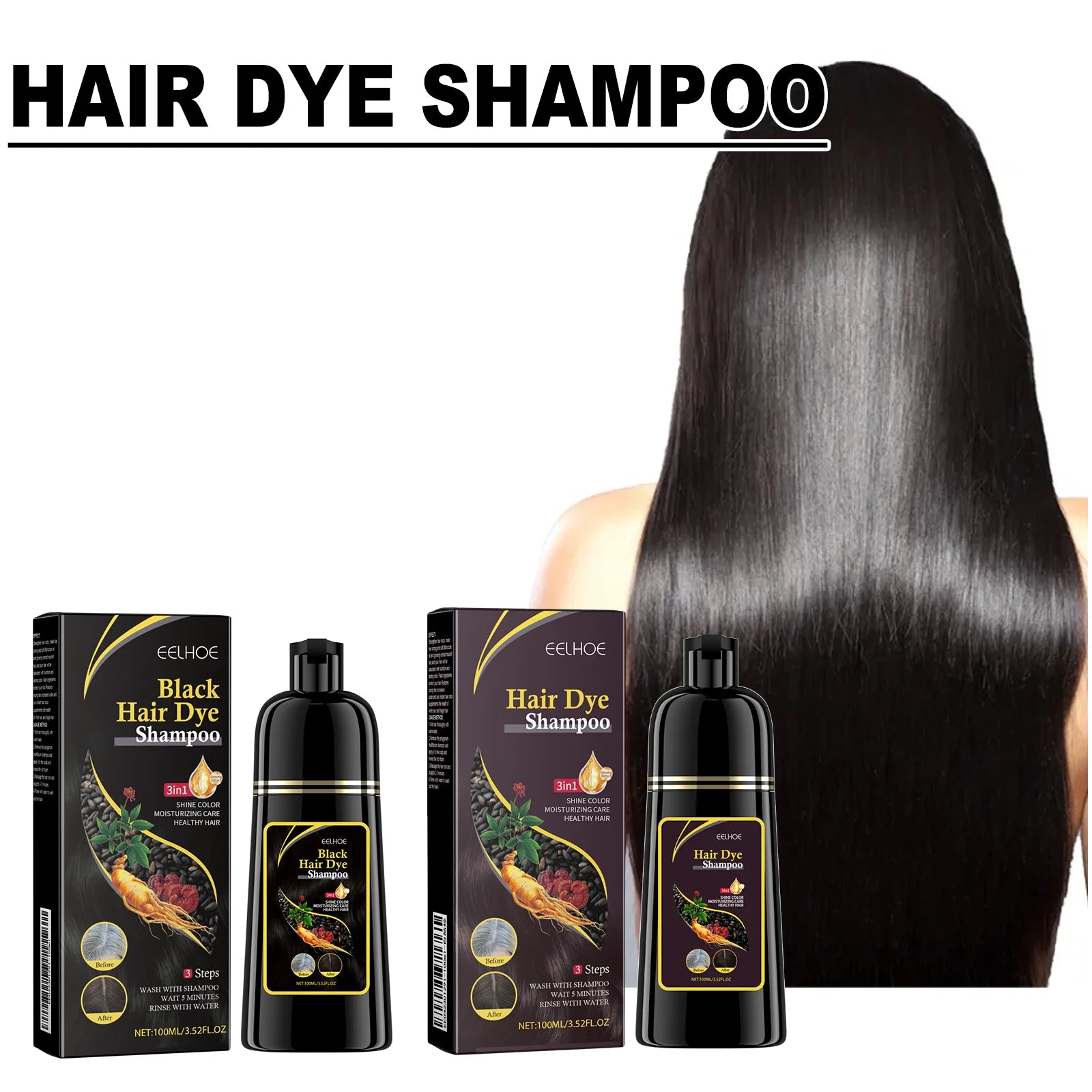 EELHOE 100ml Natural Plant Hair Dye Shampoo 3 in 1 Hair Color Shampoo for Gary Hair Quick Dark Black And Women Men Grey Coverage - BlissFully