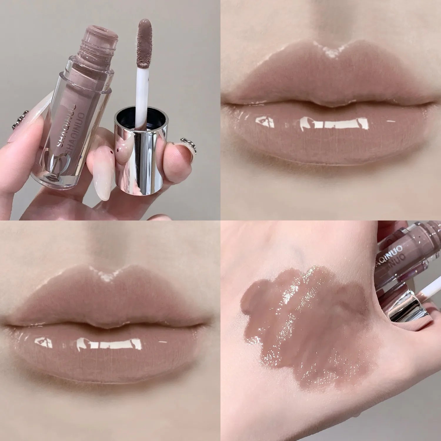 SHAQINUO Water Light Mirror Lip Gloss Lasting Moisturizing Cool Black Silver Gray Pearlescent Fine Sparkling Lipstick Lip Oil