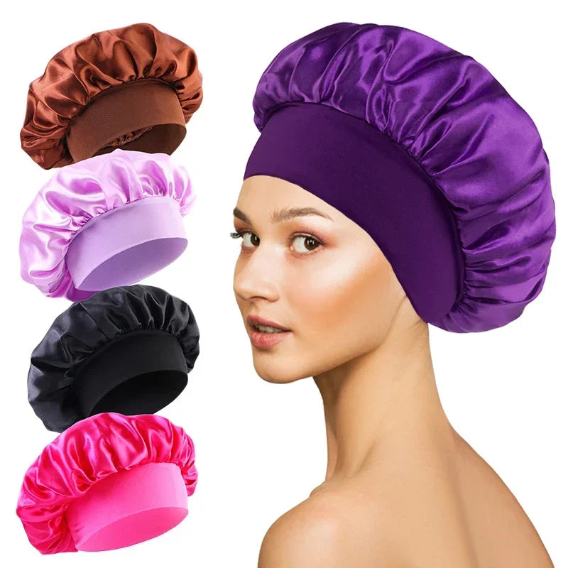 1pcs Soft Silk Satin Lined Bonnet Large Satin Hair Bonnet Household Sleep Shower Cap Hair Wrap Cover for Long Hair Salon Tool - BlissFully