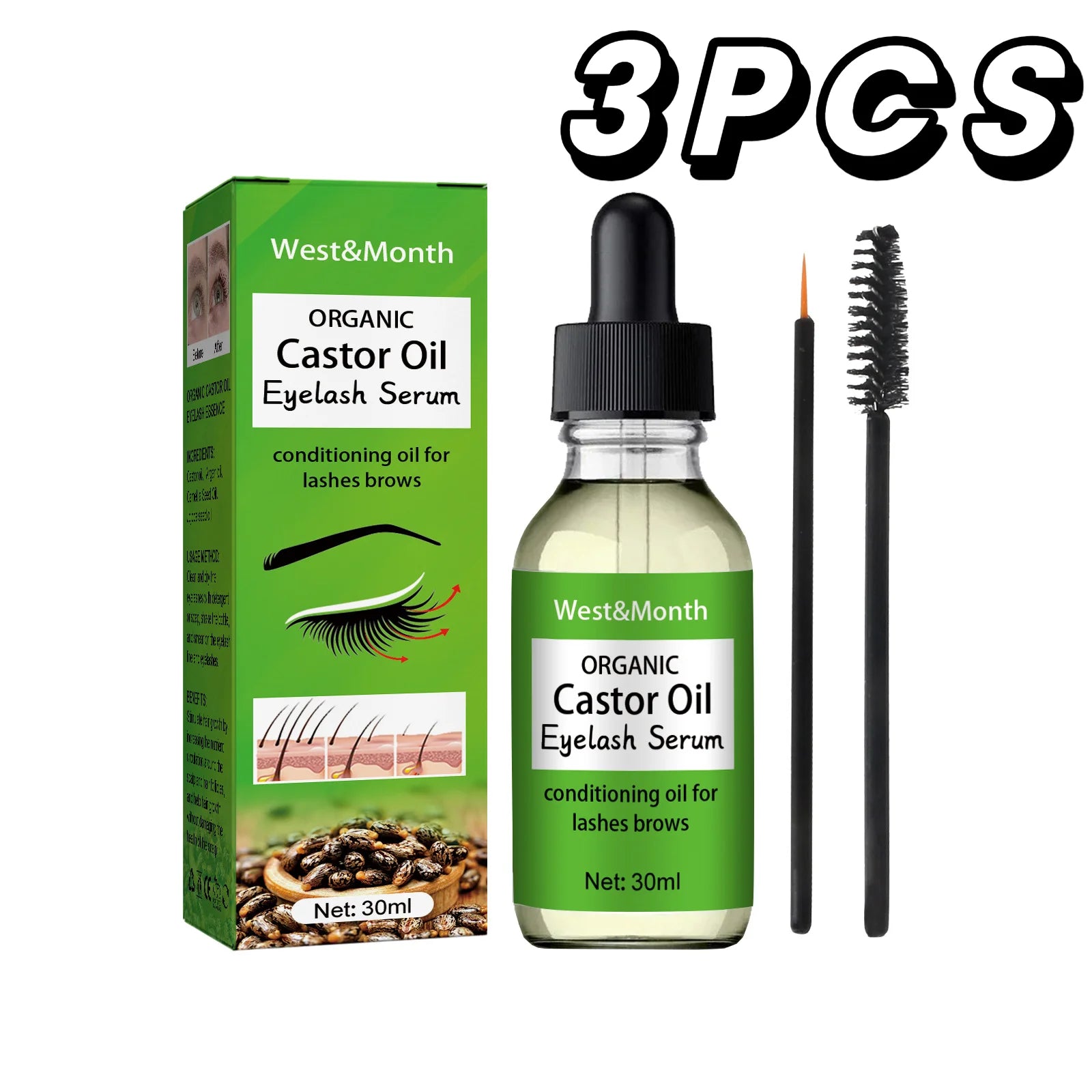 Castor Oil Eyelash Growth Serum With Brush Multipurpose Hair Eyebrow Eyelash Growth Thick Essence Nourishing Moisturize Liquid