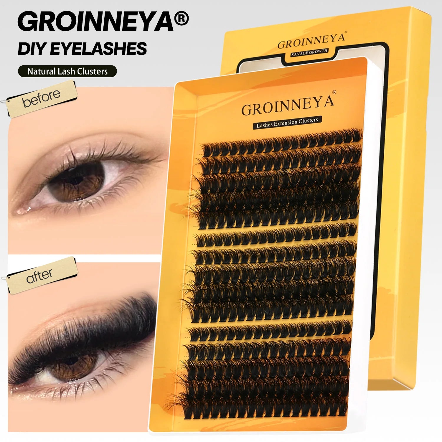 GROINNEYA Cluster Lashes DIY Eyelash Extension C Curl Long Individual Lashes Mixed Tray Faux Mink Lash Clusters Extensions