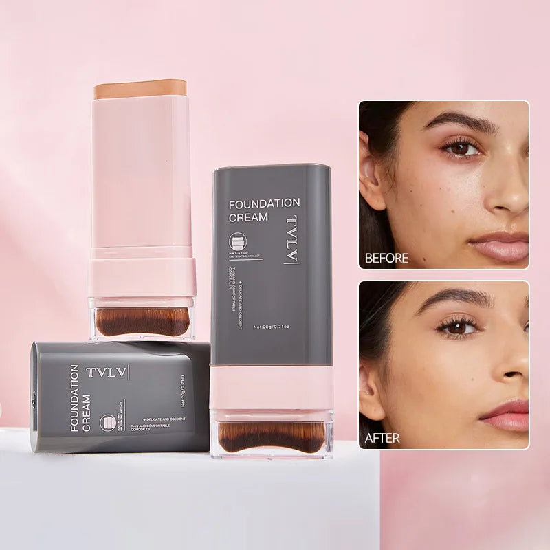 TVLV Concealing Foundation Stick: 5 Shades with Built-In Brush - Cream Finish, Lightweight and Waterproof Formula,
