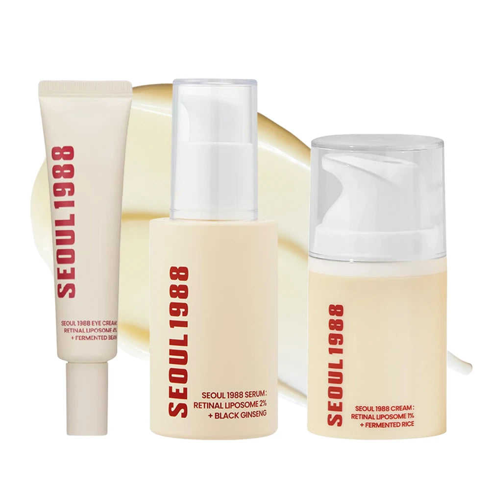 Seoul 1988 Anti-Aging Trio: 4% Retinal Eye Cream + 2% Retinal Serum w/ Black Ginseng for Wrinkles & Brightening,Korean Skincare - BlissFully