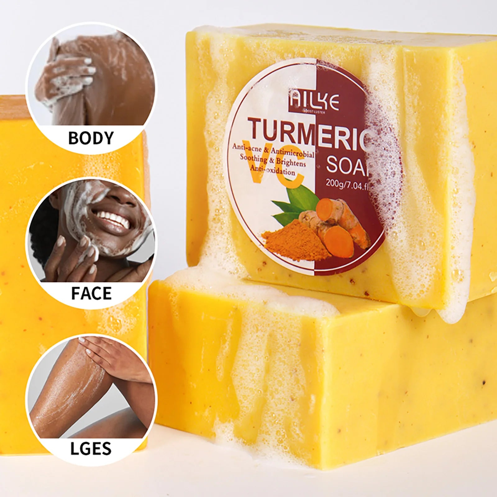 AILKE Natural Turmeric Soap for Face & Body, Whitening, Clean Stains, Even Skin Tone, Remove Acne, Age Spot, Black Spot, 200g