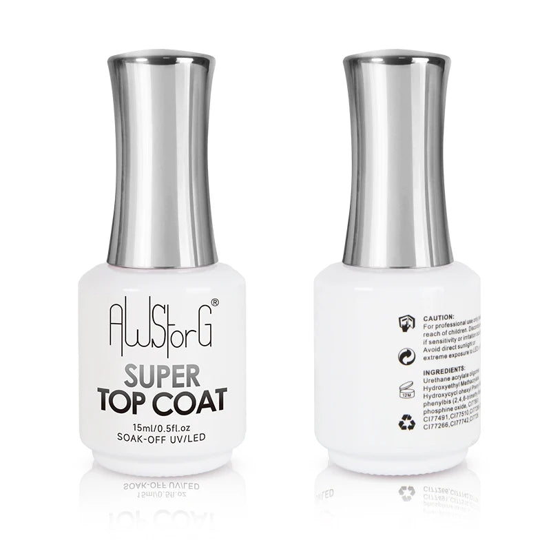 AWStorG 15ML Super Top Coat Nail Art Gel Varnish Semi Permanent Soak Off No Wipe UV Gel Varnish Shining Clear Top Coat