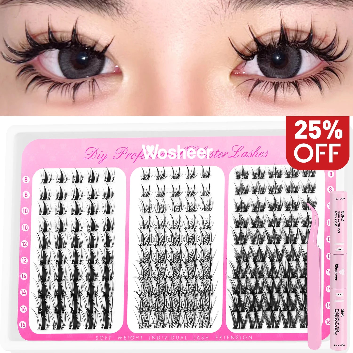 WOSHEER Manga Lash Clusters Kit Cat Lashes with Lash Bond & Seal Cluster Eyelash Extensions Mixed Tray Eyelash Clusters Kit