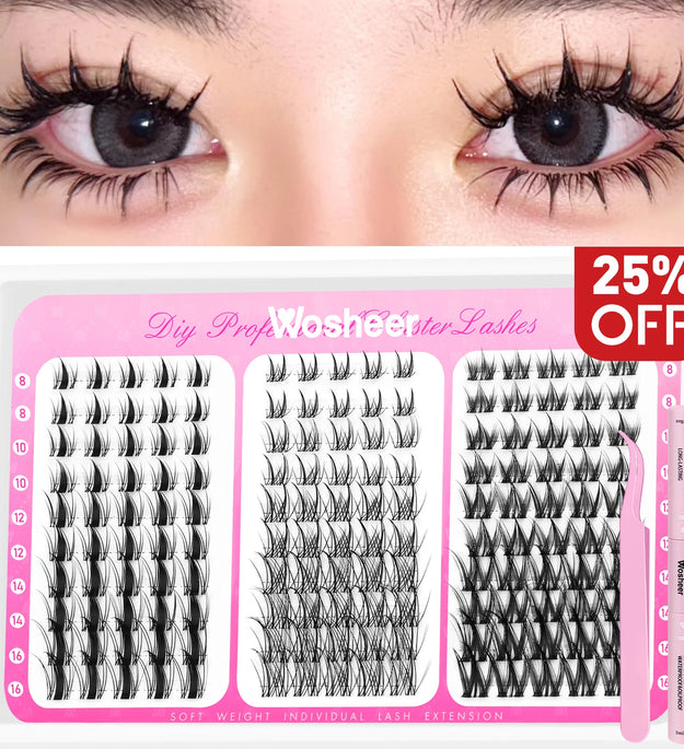 WOSHEER Manga Lash Clusters Kit Cat Lashes with Lash Bond & Seal Cluster Eyelash Extensions Mixed Tray Eyelash Clusters Kit