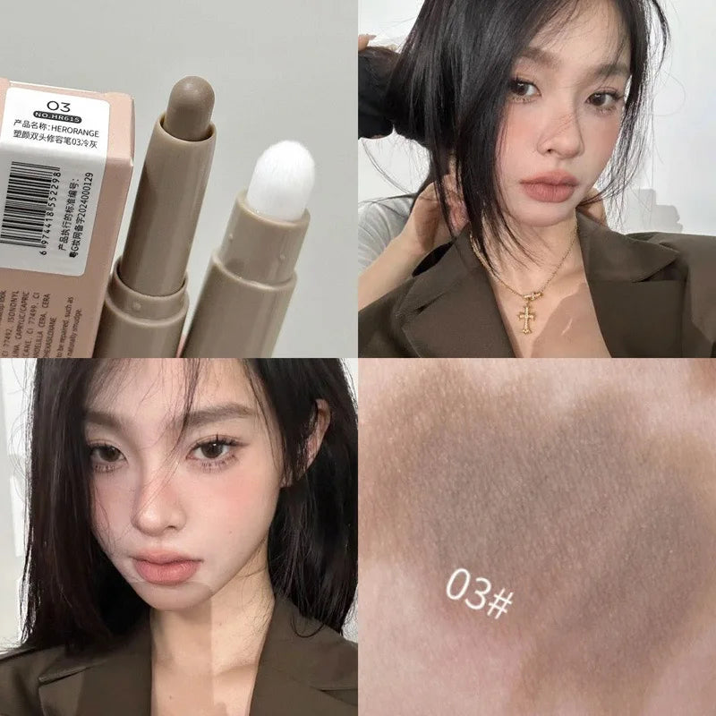 Double Head Contour Stick Bronzer with Brush Face Nose Shadow Cream Contour Pen Waterproof Lasting Contouring Makeup Cosmetics