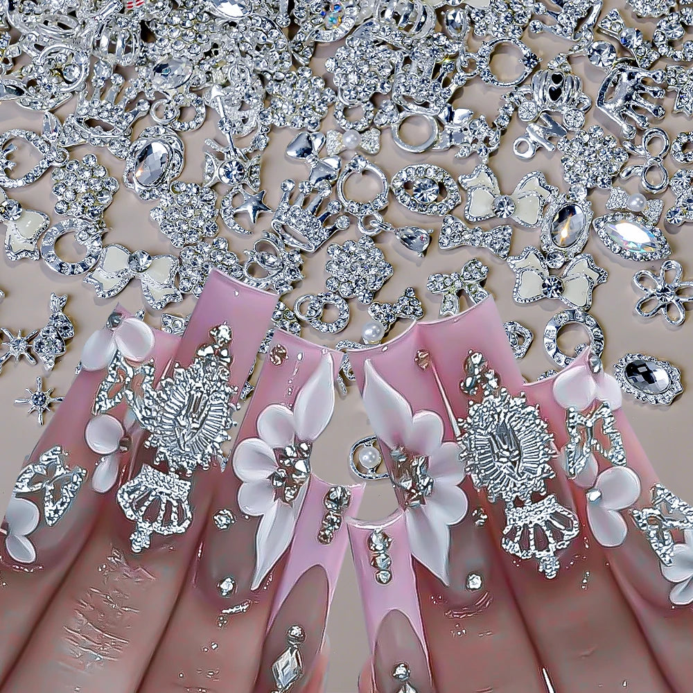 50Pcs 3D Silver Bowknot/Crown Metal Nail Charms With Tassel Pendant Butterfly Nail Art Decoration Mixed Shiny Manicure Supplies