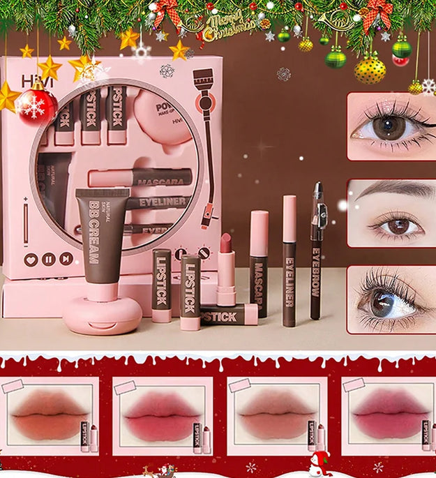 Women's Christmas makeup set, 9 lipsticks & powder press &BB cream & eyebrow pencil & mascara & eyeliner set,for women and girls