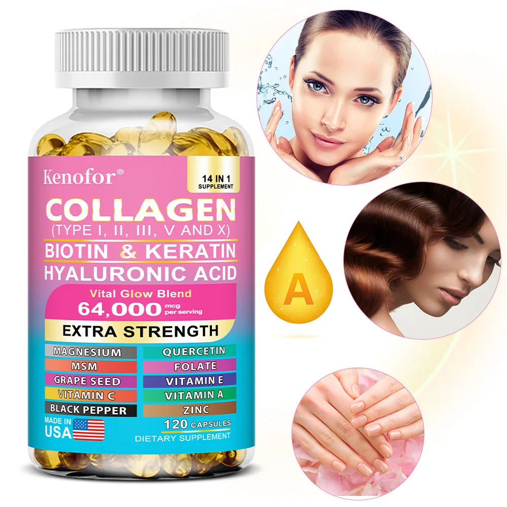 Kenofor Collagen 1000mg with Biotin 10,000mcg, Keratin Hyaluronic Acid Vitamin C Healthy Formula Dietary Supplement Gluten Free