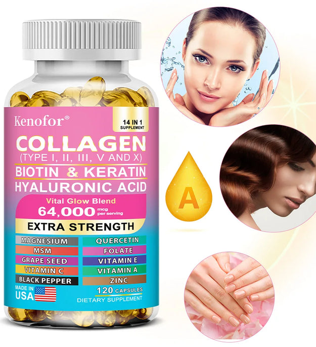 Kenofor Collagen 1000mg with Biotin 10,000mcg, Keratin Hyaluronic Acid Vitamin C Healthy Formula Dietary Supplement Gluten Free