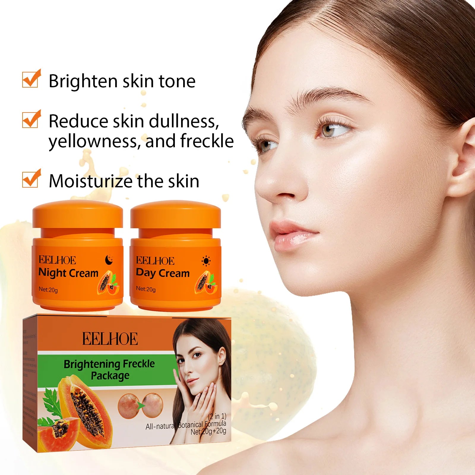 Freckle Whitening Face Cream Papaya Day Night Sun Spots Corrector Fade Pigment Brighten Skin Tone Blemish Bleaching Nourishing - BlissFully
