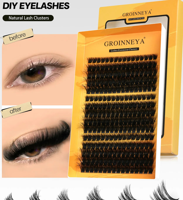GROINNEYA Cluster Lashes DIY Eyelash Extension C Curl Long Individual Lashes Mixed Tray Faux Mink Lash Clusters Extensions