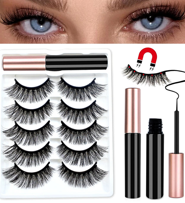 REDSIREN 5Pairs Magnetic Eyelashes With Eyeliner Reusable Thick Natural Eye Lashes New 5Piece Magnet False Eyelashes