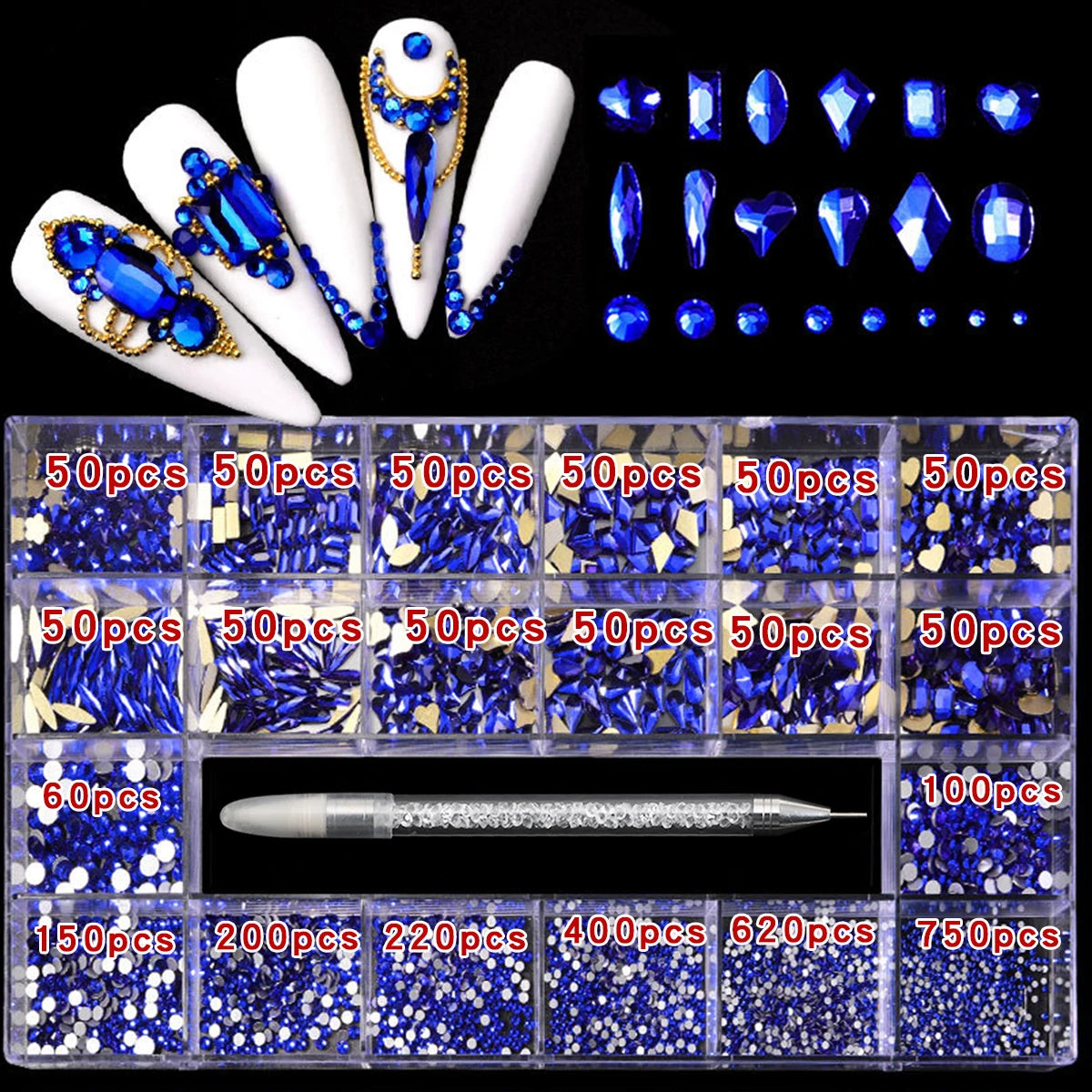 21 grid nail art diamond flat bottom glass diamond multi-style special-shaped diamond shiny nail rhinestone DIY nail art jewelry