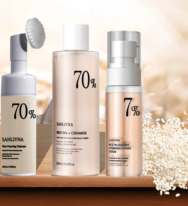 Rice Toner 70% Rice Extract Serum with Niacinamide, Rice Cleansing Foam, Deep Cleansing, Moisturizer for Dry Skin, Skin Care Set - BlissFully