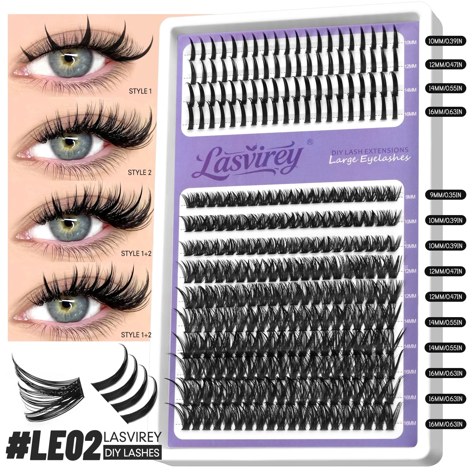 LASVIREY Fluffy Lash Clusters DIY Spiky Cluster Lashes Mixed Tray Individual Lashes Extension Natural Thick Faux Mink Lashes