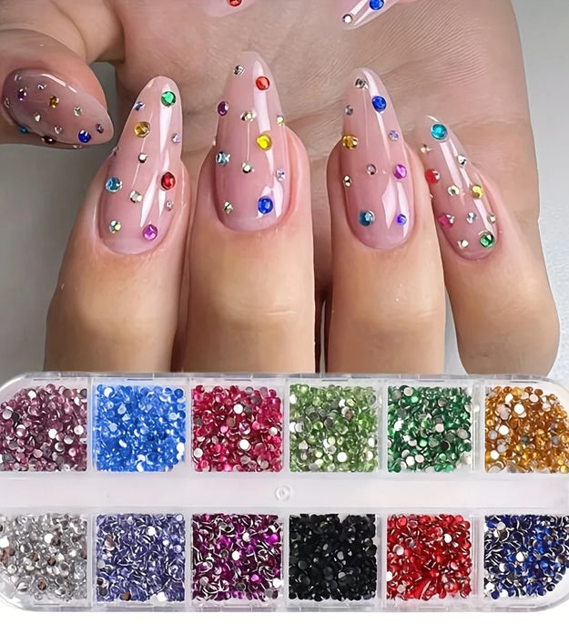 12 Grid Shimmering Crystal Nail Art Rhinestones - Flatback Gemstones for Versatile Decoration - Adorns Nails Shoes Makeup Bags