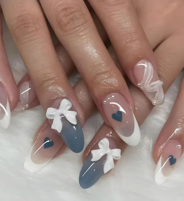 White French Press on Nails 3D Bowknot Fake Nails Tips Full Cover Wearable False Nails for Women and Girls DIY Manicure 24Pcs