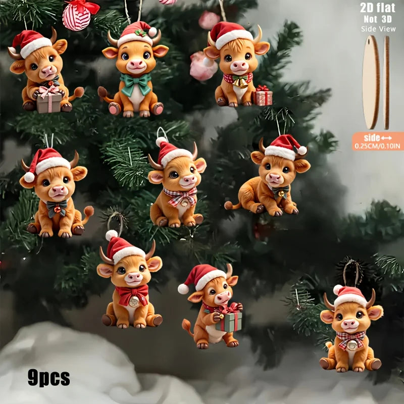 9pcs Wooden Highland Cow Christmas Tree Decoratio with Expressive Eyes and Wear Red and White Bells Xmas Hat 2D Festival Pendant