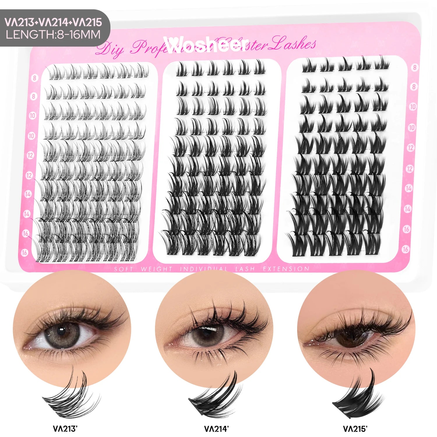 WOSHEER Manga Lash Clusters Kit Cat Lashes with Lash Bond & Seal Cluster Eyelash Extensions Mixed Tray Eyelash Clusters Kit