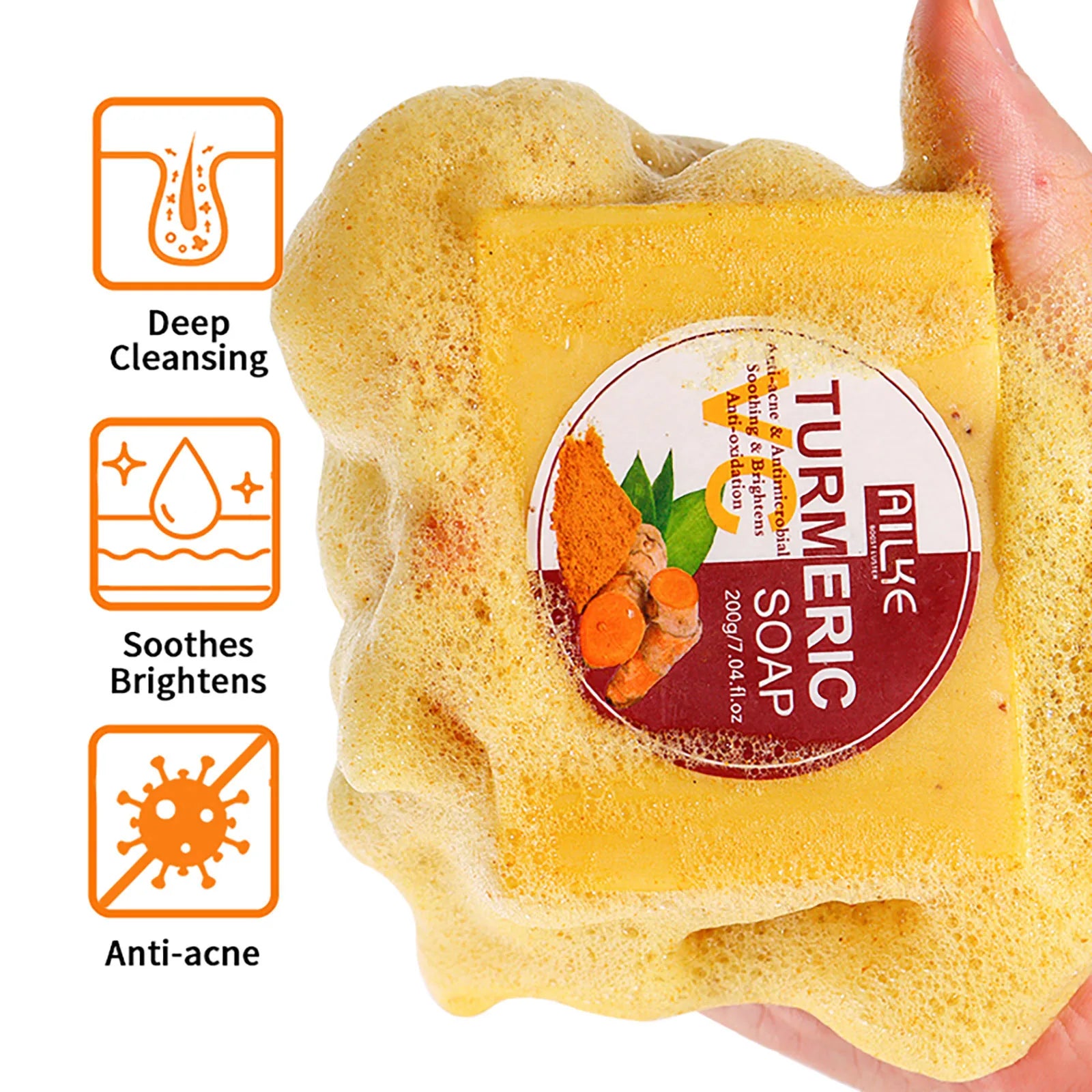 AILKE Natural Turmeric Soap for Face & Body, Whitening, Clean Stains, Even Skin Tone, Remove Acne, Age Spot, Black Spot, 200g