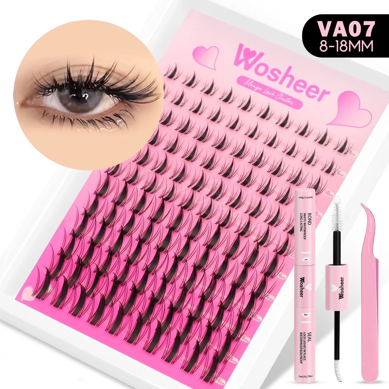 WOSHEER Manga Lash Clusters Kit Cat Lashes with Lash Bond & Seal Cluster Eyelash Extensions Mixed Tray Eyelash Clusters Kit
