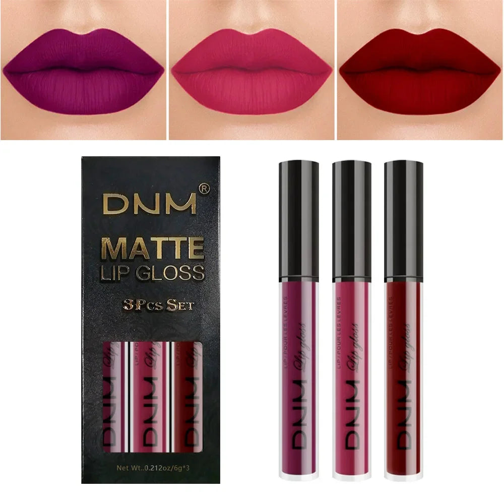 DNM 3PCS Liquid Lipstick Sets Waterproof Matte Black Blue Purple Blue Sexy Lip Gloss Long Lasting Nude Lip Tint Stain Makeup Kit