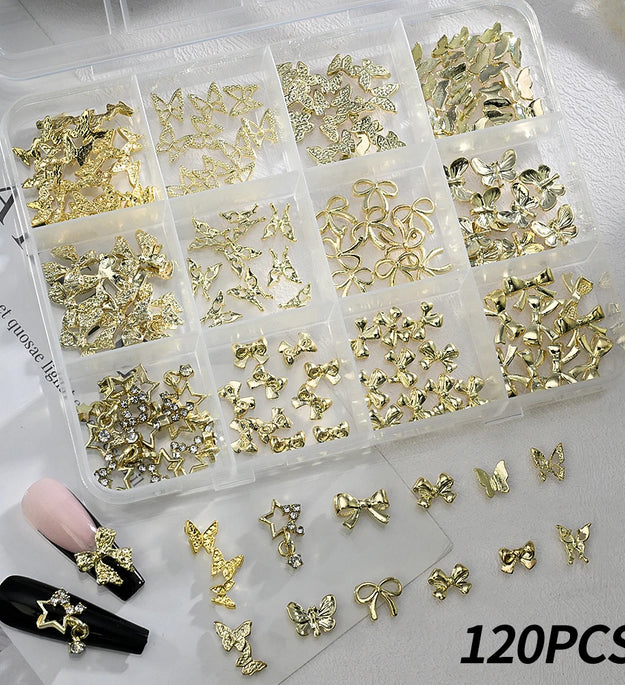 120pcs/box 3D Gold Bow Butterfly Nail Metal Charms Shiny Cute Bowtie/Diamond Star Nail Jewelry 120 Luxury Nail Art Supplies #RE4