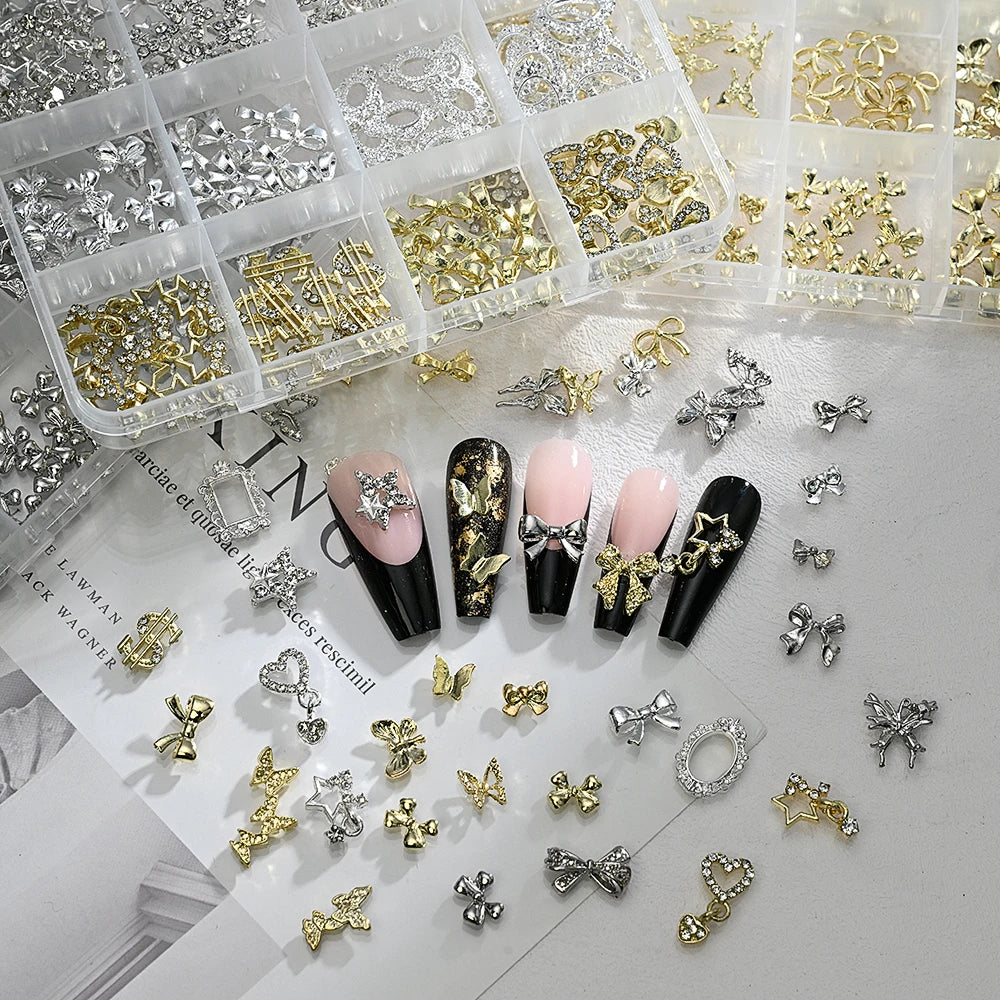 120pcs/box 3D Gold Bow Butterfly Nail Metal Charms Shiny Cute Bowtie/Diamond Star Nail Jewelry 120 Luxury Nail Art Supplies #RE4