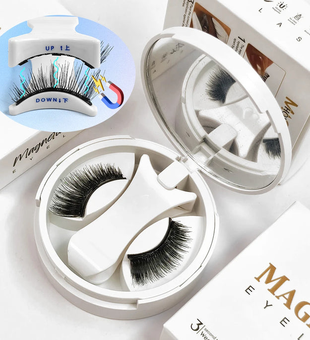 Magnetic Eyelashes Set 1 Pair Reusable No Glue Needed False Eyelashes with Magnetic Tweezers Curly Faux Lashes Makeup Tool