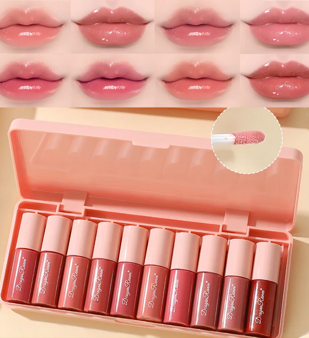 Set of 10 Shimmering Lip Glosses, Easy to Apply, Lip Glaze, Lipstick, Non-Stick Cup, Non-Fading, Moisturizing, Shiny Lip Gloss, Glass Lip, Shimmering Pearlescent Lip Gloss Set