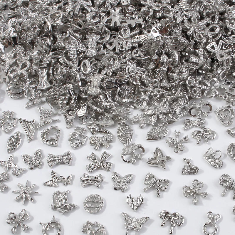 50Pcs 3D Silver Bowknot/Crown Metal Nail Charms With Tassel Pendant Butterfly Nail Art Decoration Mixed Shiny Manicure Supplies