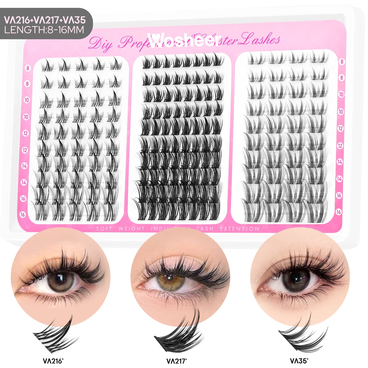 WOSHEER Manga Lash Clusters Kit Cat Lashes with Lash Bond & Seal Cluster Eyelash Extensions Mixed Tray Eyelash Clusters Kit