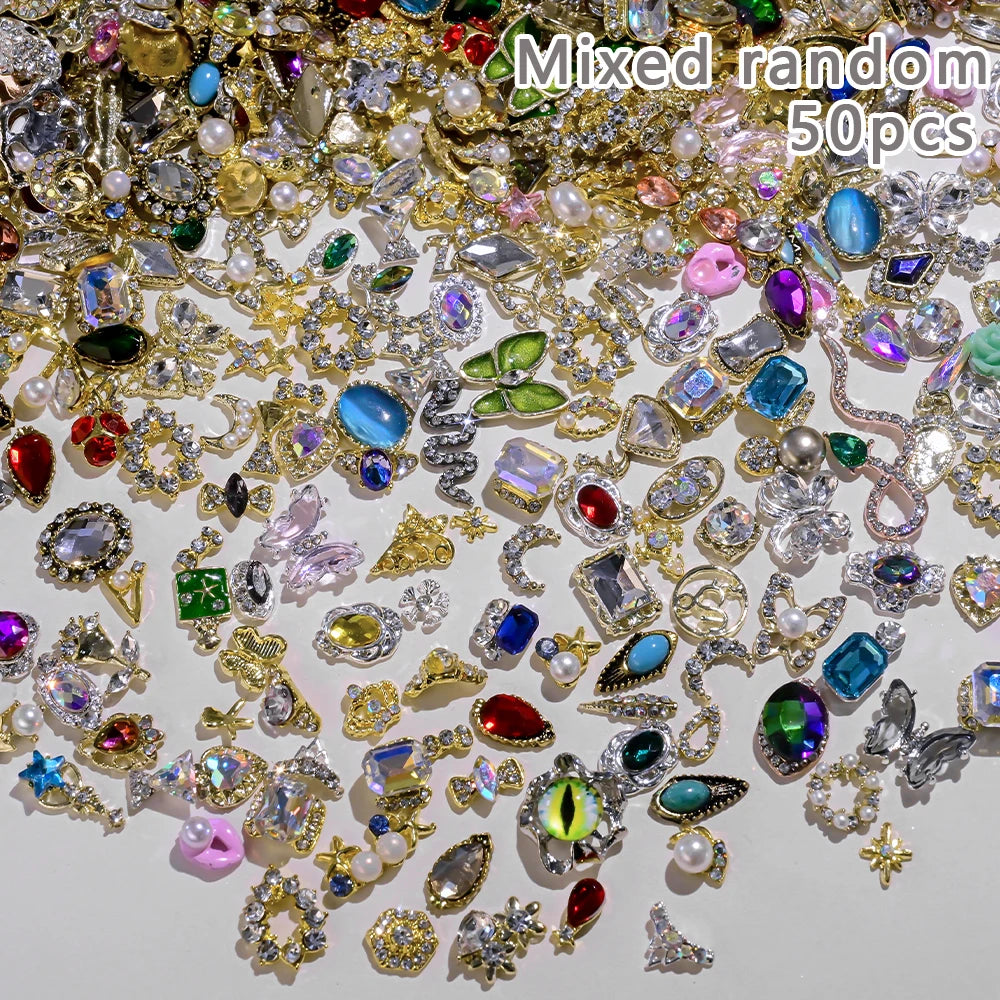 50Pcs 3D Silver Bowknot/Crown Metal Nail Charms With Tassel Pendant Butterfly Nail Art Decoration Mixed Shiny Manicure Supplies