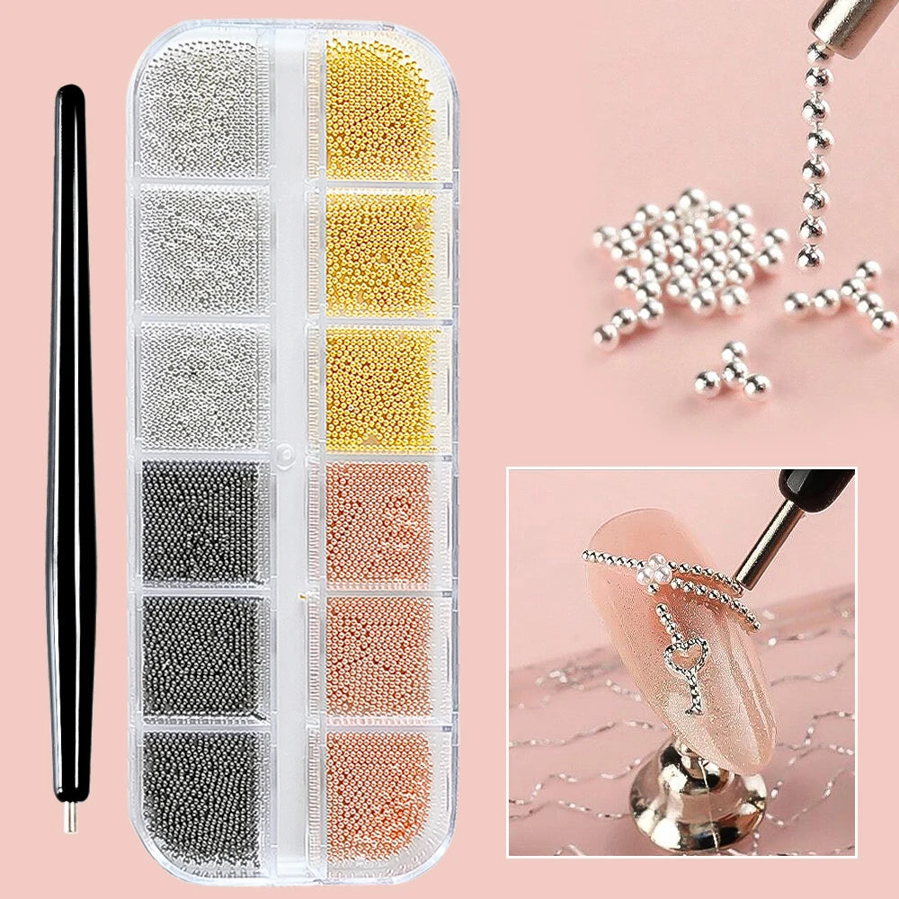 12Grid Gold/Silver Mini Caviar Beads Nail Art Decorations Metal Micro Balls Nail Charm with Magnetic Pen 3D Mini Caviar Nail Gem