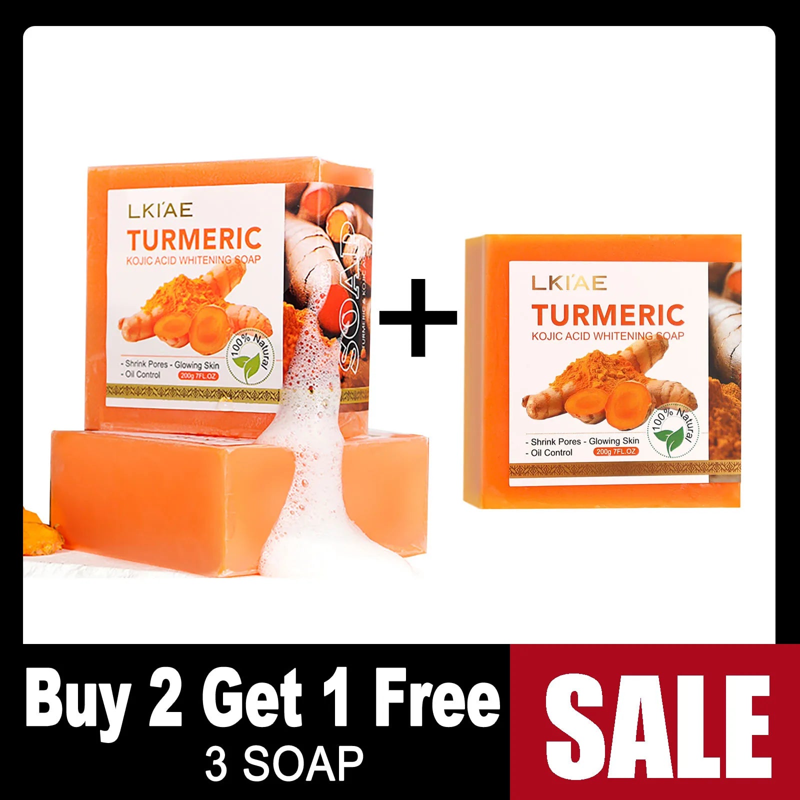 LKIAE Organic Turmeric Soap Bar, Natural Herbal Hand Made Whitening Soap, Reduce Melanin, Pimples, Acne, For Face And Body,200g