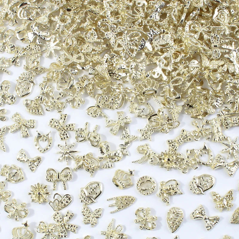 50Pcs 3D Silver Bowknot/Crown Metal Nail Charms With Tassel Pendant Butterfly Nail Art Decoration Mixed Shiny Manicure Supplies