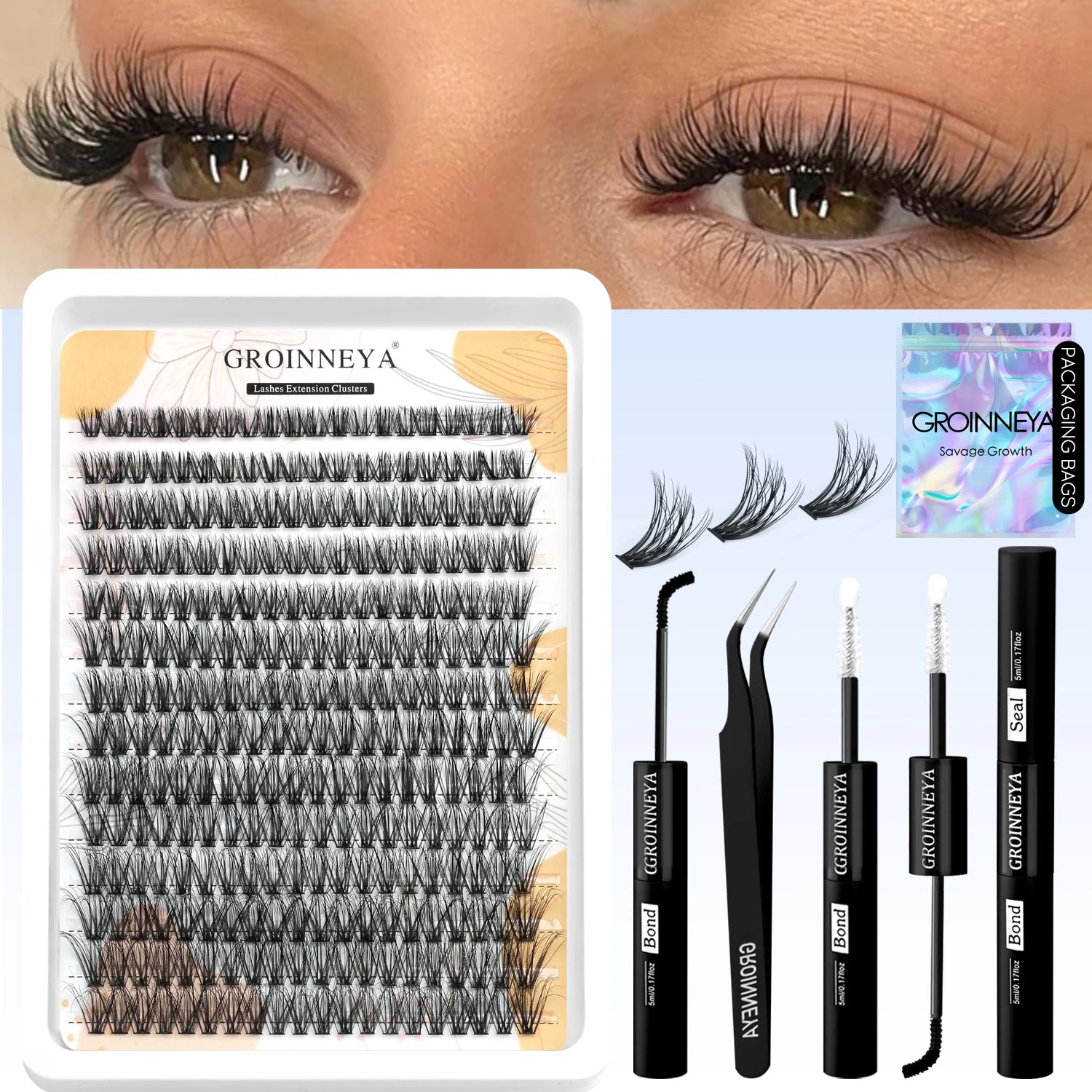 GROINNEYA Lash Clusters Kit With Waterproof Strong Hold DIY Lash Extension Kit Lash Bond And Seal And Eyelash Tweezers Makeup